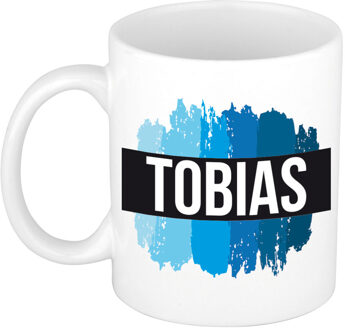 Bellatio Decorations Naam cadeau mok / beker Tobias met blauwe verfstrepen 300 ml