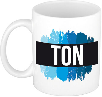 Bellatio Decorations Naam cadeau mok / beker Ton met blauwe verfstrepen 300 ml