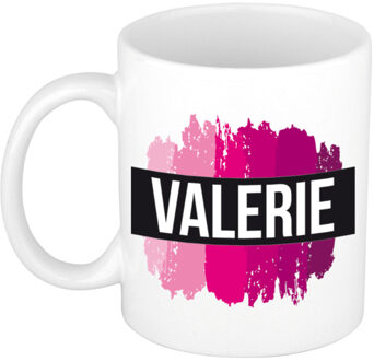 Bellatio Decorations Naam cadeau mok / beker Valerie met roze verfstrepen 300 ml