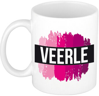 Bellatio Decorations Naam cadeau mok / beker Veerle met roze verfstrepen 300 ml