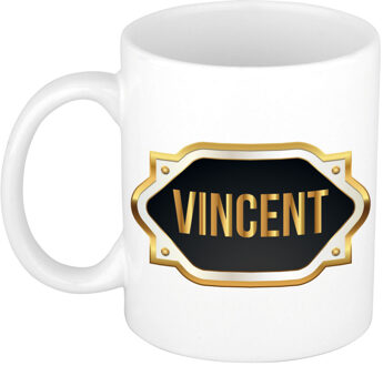 Bellatio Decorations Naam cadeau mok / beker Vincent met gouden embleem 300 ml Zwart