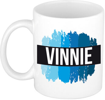 Bellatio Decorations Naam cadeau mok / beker Vinnie met blauwe verfstrepen 300 ml
