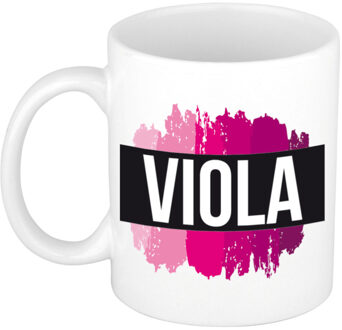 Bellatio Decorations Naam cadeau mok / beker Viola met roze verfstrepen 300 ml