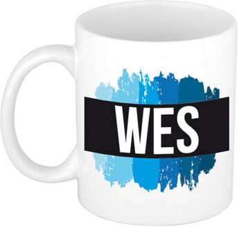 Bellatio Decorations Naam cadeau mok / beker Wes met blauwe verfstrepen 300 ml