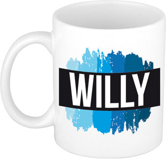 Bellatio Decorations Naam cadeau mok / beker Willy met blauwe verfstrepen 300 ml