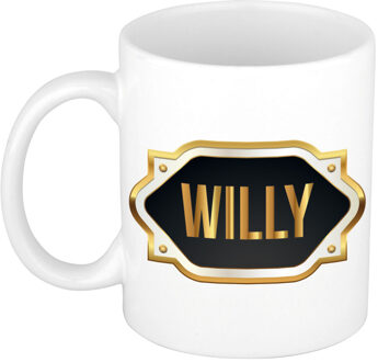 Bellatio Decorations Naam cadeau mok / beker Willy met gouden embleem 300 ml Zwart