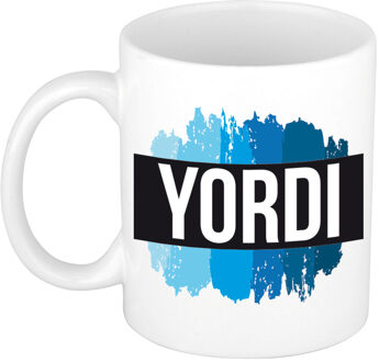 Bellatio Decorations Naam cadeau mok / beker Yordi met blauwe verfstrepen 300 ml