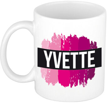 Bellatio Decorations Naam cadeau mok / beker Yvette met roze verfstrepen 300 ml