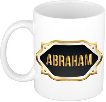 Bellatio Decorations Naam cadeau mok - heren - Abraham - gouden embleem - 300 ml - meester - bedankje Zwart