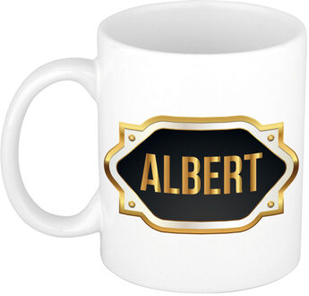 Bellatio Decorations Naam cadeau mok - heren - Albert - gouden embleem - 300 ml - meester - bedankje Zwart