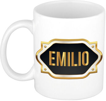Bellatio Decorations Naam cadeau mok - heren - Emilio - gouden embleem - 300 ml - meester - bedankje Zwart
