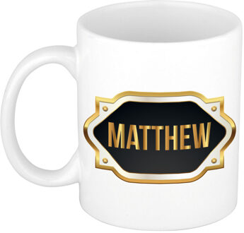 Bellatio Decorations Naam cadeau mok - heren - Matthew - gouden embleem - 300 ml - meester - bedankje Zwart