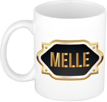 Bellatio Decorations Naam cadeau mok - heren - Melle - gouden embleem - 300 ml - meester - bedankje Zwart