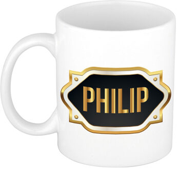 Bellatio Decorations Naam cadeau mok - heren - Philip - gouden embleem - 300 ml - meester - bedankje