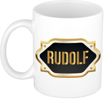 Bellatio Decorations Naam cadeau mok - heren - Rudolf - gouden embleem - 300 ml - meester - bedankje Zwart