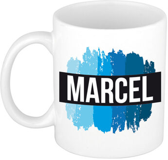 Bellatio Decorations Naam cadeau mok - Marcel - met blauwe verfstrepen - 300 ml - beker - koffiemok