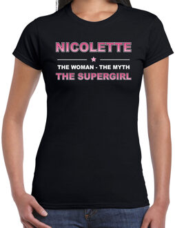 Bellatio Decorations Naam cadeau Nicolette - The woman, The myth the supergirl t-shirt zwart - Shirt verjaardag/ moederdag/ pensioen/ geslaagd/ bedankt M