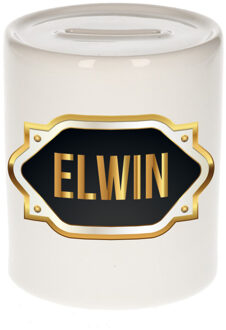 Bellatio Decorations Naam cadeau spaarpot Elwin met gouden embleem Multi