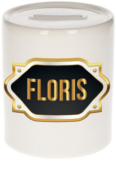 Bellatio Decorations Naam cadeau spaarpot Floris met gouden embleem Multi