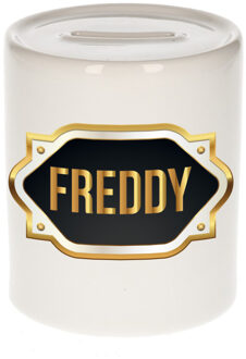 Bellatio Decorations Naam cadeau spaarpot Freddy met gouden embleem Multi
