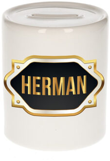 Bellatio Decorations Naam cadeau spaarpot Herman met gouden embleem Multi