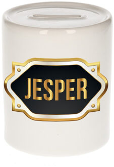Bellatio Decorations Naam cadeau spaarpot Jesper met gouden embleem Multi