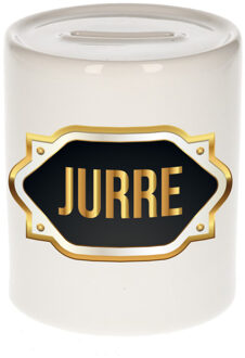 Bellatio Decorations Naam cadeau spaarpot Jurre met gouden embleem Multi