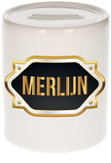 Bellatio Decorations Naam cadeau spaarpot Merlijn met gouden embleem Multi
