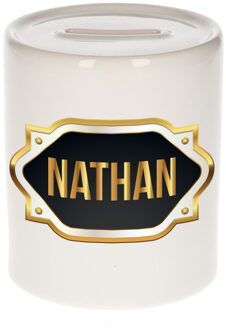 Bellatio Decorations Naam cadeau spaarpot Nathan met gouden embleem Multi