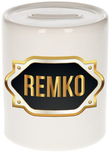 Bellatio Decorations Naam cadeau spaarpot Remko met gouden embleem Multi