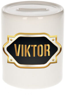 Bellatio Decorations Naam cadeau spaarpot Viktor met gouden embleem Multi