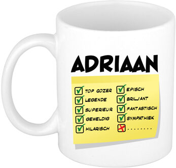 Bellatio Decorations Naam mok Adriaan - wit - top gozer - keramiek - 300 ml - cadeau collega beker Geel