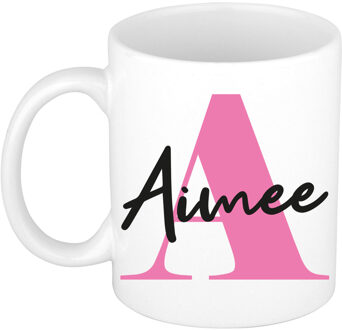 Bellatio Decorations Naam mok Aimee - roze - wit - keramiek - 300 ml - verjaardag/cadeau beker
