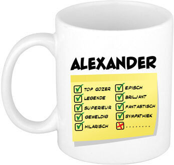 Bellatio Decorations Naam mok Alexander - wit - top gozer - keramiek - 300 ml - cadeau collega beker Geel