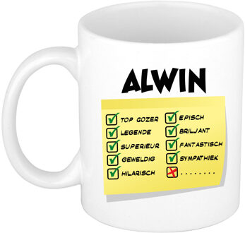 Bellatio Decorations Naam mok Alwin - wit - top gozer - keramiek - 300 ml - cadeau collega beker Geel