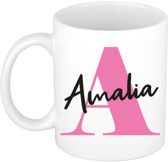 Bellatio Decorations Naam mok Amalia - roze - wit - keramiek - 300 ml - verjaardag/cadeau beker
