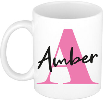 Bellatio Decorations Naam mok Amber - roze - wit - keramiek - 300 ml - verjaardag/cadeau beker