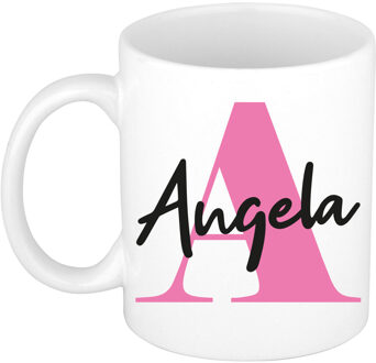 Bellatio Decorations Naam mok Angela - roze - wit - keramiek - 300 ml - verjaardag/cadeau beker Fuchsia