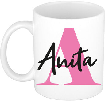 Bellatio Decorations Naam mok Anita - roze - wit - keramiek - 300 ml - verjaardag/cadeau beker