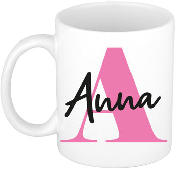 Bellatio Decorations Naam mok Anna - roze - wit - keramiek - 300 ml - verjaardag/cadeau beker