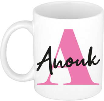 Bellatio Decorations Naam mok Anouk - roze - wit - keramiek - 300 ml - verjaardag/cadeau beker Fuchsia