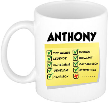 Bellatio Decorations Naam mok Anthony - wit - top gozer - keramiek - 300 ml - cadeau collega beker Geel
