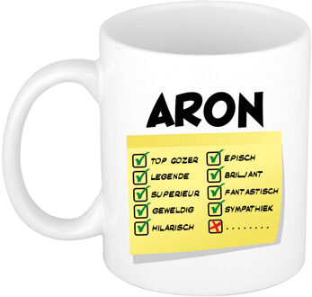 Bellatio Decorations Naam mok Aron - wit - top gozer - keramiek - 300 ml - cadeau collega beker Geel