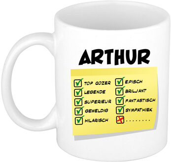 Bellatio Decorations Naam mok Arthur - wit - top gozer - keramiek - 300 ml - cadeau collega beker Geel