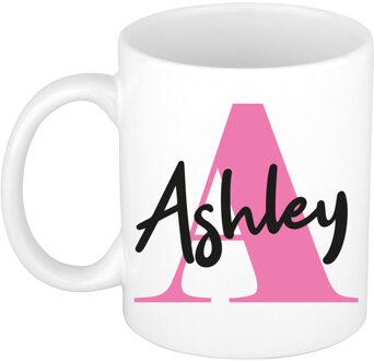 Bellatio Decorations Naam mok Ashley - roze - wit - keramiek - 300 ml - verjaardag/cadeau beker Fuchsia