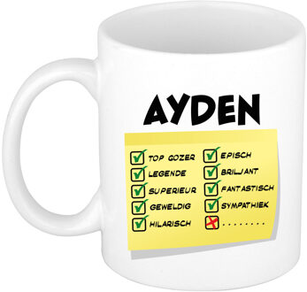 Bellatio Decorations Naam mok Ayden - wit - top gozer - keramiek - 300 ml - cadeau collega beker Geel