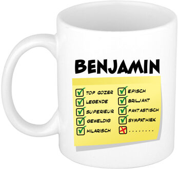 Bellatio Decorations Naam mok Benjamin - wit - top gozer - keramiek - 300 ml - cadeau collega beker