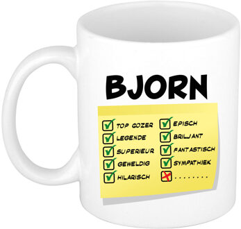 Bellatio Decorations Naam mok Bjorn - wit - top gozer - keramiek - 300 ml - cadeau collega beker Geel