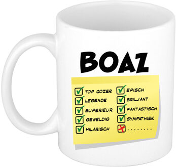 Bellatio Decorations Naam mok Boaz - wit - top gozer - keramiek - 300 ml - cadeau collega beker Geel