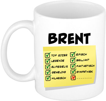 Bellatio Decorations Naam mok Brent - wit - top gozer - keramiek - 300 ml - cadeau collega beker Geel